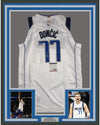 Framed Autographed/Signed Luka Doncic 35x39 Dallas White Basketball Jersey PSA/DNA COA