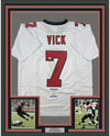 Framed Autographed/Signed Michael Mike Vick 35x39 Atlanta Retro White Football Jersey Beckett BAS COA