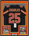 Framed Autographed/Signed Jamaal Charles 35x39 Kansas City Black Football Jersey JSA COA