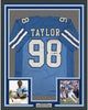 Framed Autographed/Signed Lawrence Taylor 35x39 North Carolina Blue College Football Jersey JSA COA Holo Only
