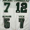 Framed Autographed/Signed Eagles QB Legends McNabb Cunningham Vick Jaworski 35x39 Philadelphia White Football Jersey JSA COA