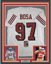 Framed Autographed/Signed Nick Bosa 35x39 San Francisco White Football Jersey JSA COA