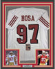 Framed Autographed/Signed Nick Bosa 35x39 San Francisco White Football Jersey JSA COA