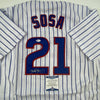 Autographed/Signed Sammy Sosa Chicago Pinstripe Baseball Jersey Beckett BAS COA