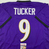 Autographed/Signed Justin Tucker Baltimore Purple Football Jersey JSA COA