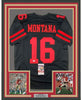 Framed Autographed/Signed Joe Montana 35x39 San Francisco Black Football Jersey JSA COA