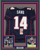 Framed Autographed/Signed Mohamed Sanu 35x39 New England Blue Football Jersey JSA COA
