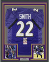 Framed Autographed/Signed Jimmy Smith 35x39 Baltimore Purple Football Jersey JSA COA