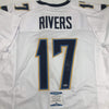 Autographed/Signed Philip Rivers Los Angeles LA White Football Jersey Beckett BAS COA
