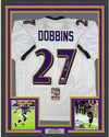 Framed Autographed/Signed JK J.K. Dobbins 35x39 Baltimore White Football Jersey JSA COA