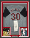 Framed Autographed/Signed Ken Griffey Jr. 35x39 Cincinnati Grey Baseball Jersey Upper Deck UDA COA