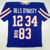 Autographed/Signed Jim Kelly Thurman Thomas Andre Reed Buffalo Dynasty Blue Football Jersey JSA COA