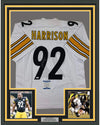 Framed Autographed/Signed James Harrison 35x39 Pittsburgh White Football Jersey Beckett BAS COA