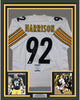 Framed Autographed/Signed James Harrison 35x39 Pittsburgh White Football Jersey Beckett BAS COA