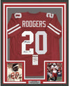 Framed Autographed/Signed Johnny Rodgers Heisman 72 35x39 Nebraska Cornhuskers Red Football Jersey JSA COA