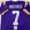 Autographed/Signed Tyrann Mathieu Inscribed Honey Badger LSU Purple College Football Jersey PSA/DNA COA