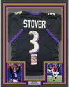 Framed Autographed/Signed Matt Stover 35x39 Baltimore Black Football Jersey JSA COA