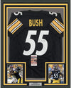 Framed Autographed/Signed Devin Bush 35x39 Pittsburgh Black Football Jersey JSA COA