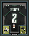 Framed Autographed/Signed Jalen Hurts 35x39 Philadelphia Black Football Jersey JSA COA