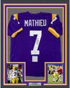 Framed Autographed/Signed Tyrann Mathieu Inscribed Honey Badger 35x39 LSU Purple College Football Jersey PSA/DNA COA