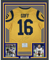 Framed Autographed/Signed Jared Goff 35x39 Los Angeles LA Yellow Color Rush Football Jersey Fanatics COA