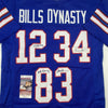 Autographed/Signed Jim Kelly Thurman Thomas Andre Reed Buffalo Dynasty Blue Football Jersey JSA COA