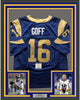 Framed Autographed/Signed Jared Goff 35x39 Los Angeles LA Retro Blue Football Jersey Beckett BAS COA