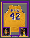 Framed Autographed/Signed James Worthy 35x39 Los Angeles LA Yellow Basketball Jersey Beckett BAS COA
