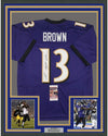 Framed Autographed/Signed John Brown 35x39 Baltimore Purple Football Jersey JSA COA