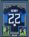 Framed Autographed/Signed Derrick Henry 35x39 Tennessee Dark Blue Football Jersey Beckett BAS COA