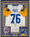 Framed Autographed/Signed Orlando Pace 35x39 Los Angeles White Football Jersey JSA COA