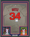 Framed Autographed/Signed David Ortiz 35x39 Boston Grey Baseball Jersey JSA COA