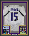 Framed Autographed/Signed Marquise Brown 35x39 Baltimore White Football Jersey JSA COA