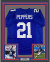 Framed Autographed/Signed Jabrill Peppers 35x39 New York Blue Football Jersey JSA COA