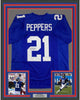 Framed Autographed/Signed Jabrill Peppers 35x39 New York Blue Football Jersey JSA COA