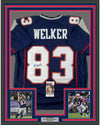 Framed Autographed/Signed Wes Welker 35x39 New England Blue Football Jersey JSA COA