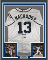Framed Autographed/Signed Manny Machado 35x39 San Diego White Baseball Jersey PSA/DNA COA