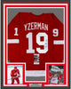 Framed Autographed/Signed Steve Yzerman 35x39 Detroit Red Hockey Jersey JSA COA