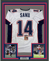 Framed Autographed/Signed Mohamed Sanu 35x39 New England White Football Jersey JSA COA