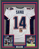 Framed Autographed/Signed Mohamed Sanu 35x39 New England White Football Jersey JSA COA