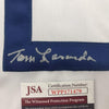 Framed Autographed/Signed Tommy Tom Lasorda 35x39 Los Angeles LA White Baseball Jersey JSA COA