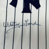 Framed Autographed/Signed Whitey Ford 35x39 New York Pinstripe Baseball Jersey PSA/DNA COA