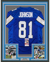 Framed Autographed/Signed Calvin Johnson 35x39 Detroit Royal Blue Football Jersey JSA COA