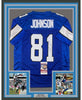 Framed Autographed/Signed Calvin Johnson 35x39 Detroit Royal Blue Football Jersey JSA COA