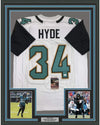 Framed Autographed/Signed Carlos Hyde 35x39 Jacksonville White Football Jersey JSA COA