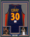 Framed Autographed/Signed Stephen Steph Curry 35x39 Golden State Blue Rookie Basketball Jersey PSA/DNA COA