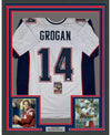 Framed Autographed/Signed Steve Grogan 35x39 New England White Modern Football Jersey JSA COA