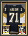 Framed Autographed/Signed Evgeni Malkin 35x39 Pittsburgh Black Hockey Jersey Beckett BAS COA