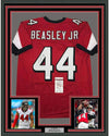 Framed Autographed/Signed Vic Beasley Jr. 35x39 Atlanta Red Football Jersey JSA COA
