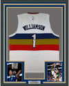 Framed Autographed/Signed Zion Williamson 35x39 New Orleans White Basketball Jersey PSA/DNA COA Holo Only